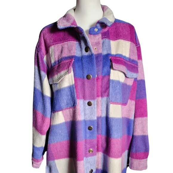 Maurices XL oversized bright violet and fuchsia pink plaid Shacket - Picture 4 of 9